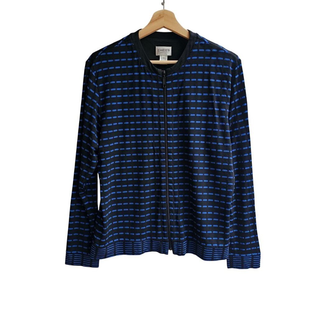Chico's Travelers Blue Black Striped Zip Front Cardigan Jacket Wrinkle Free 1 M